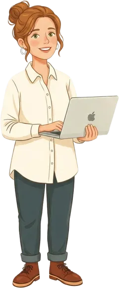Illustration of Caitlyn standing with an open laptop