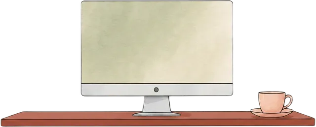 Illustrated wooden desk with a computer monitor and a cup of coffee on a saucer