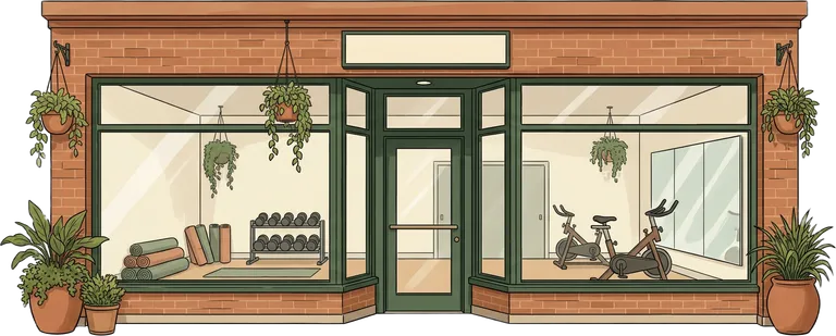 Illustrated boutique fitness studio storefront with tall windows and a striped awning