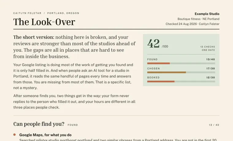 The top of a look-over: the score of 42 out of 100, and the first findings under it